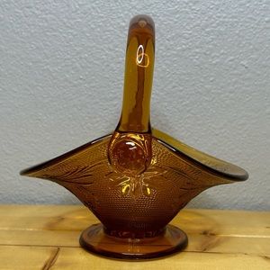Indiana Glass Vintage Small Amber Sandwich Basket  Tom Jones Handle 7”x7”